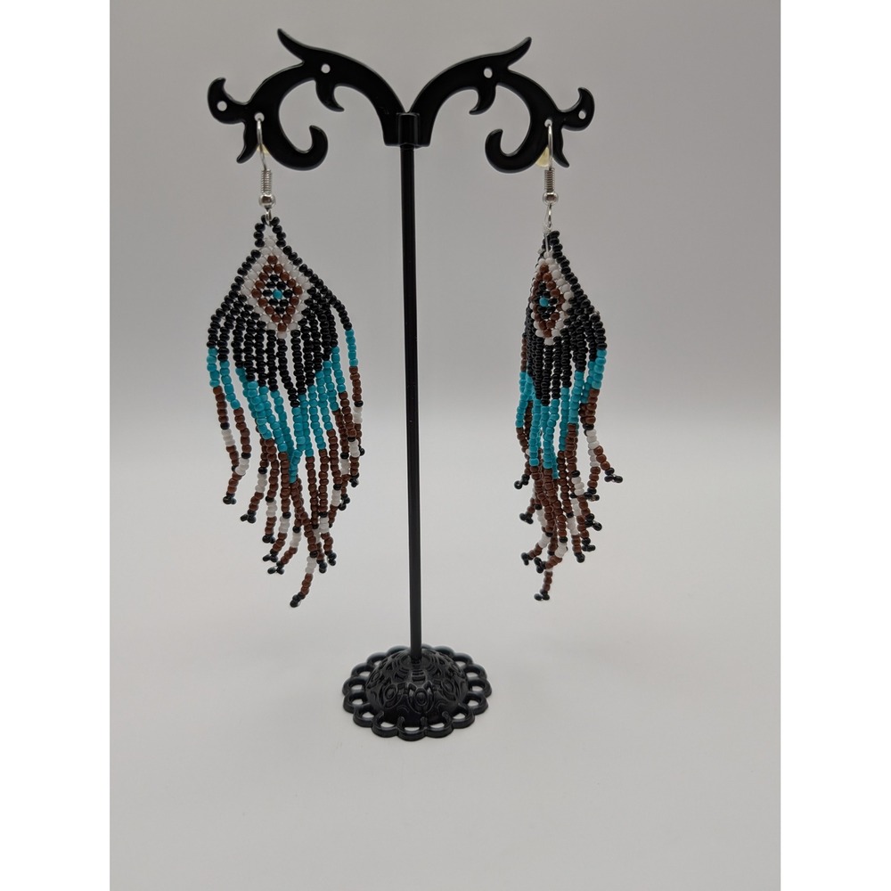 Seed Bead Fringe Dangle Earrings Turquoise Black Brown Boho Western Southwestern